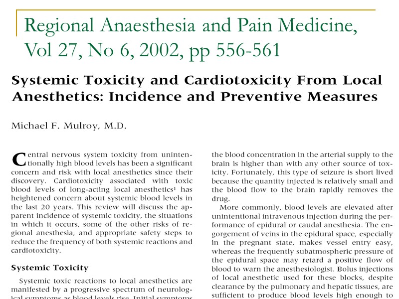Regional Anaesthesia and Pain Medicine,  Vol 27, No 6, 2002, pp 556-561